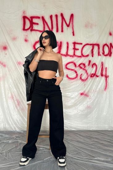 Siyah Yüksek Bel Ve Geniş Paça Jeans Pantolon resmi